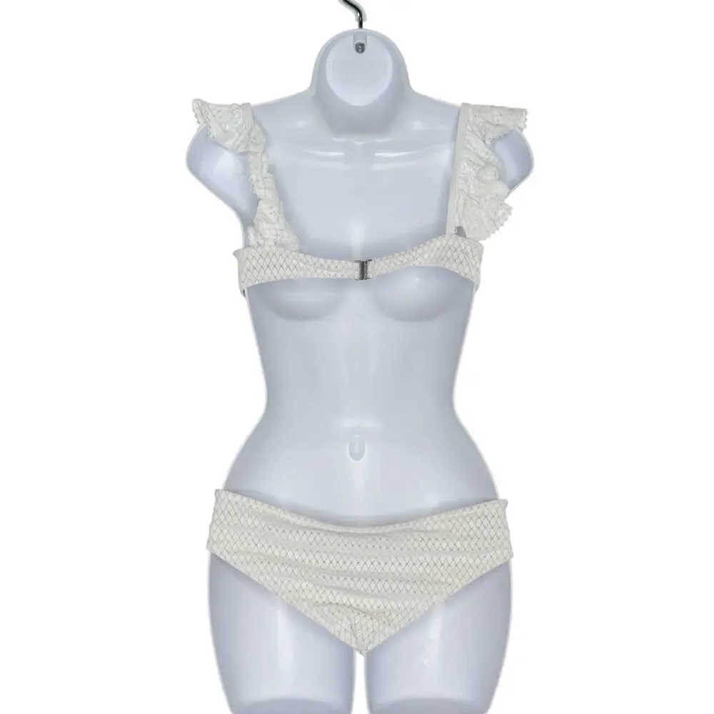 Jonathan Simkhai crochet Lace Ruffle Bikini Set M Off White Beach Resort *flaw